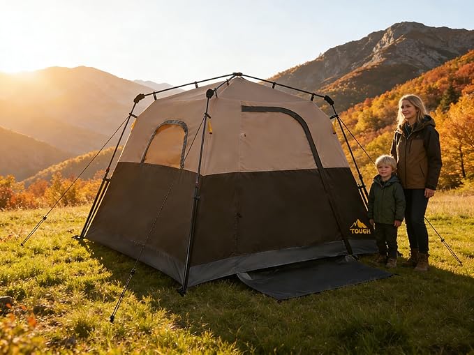 3/4 Person Camping Tent with 1 Door, 4 Windows, and Upgraded Ventilation– Instant Setup, Waterproof, 8'x 8'x 67''Oxford Fabric Floor Pop Up in 60 Seconds Includes Rainfly and Backpack