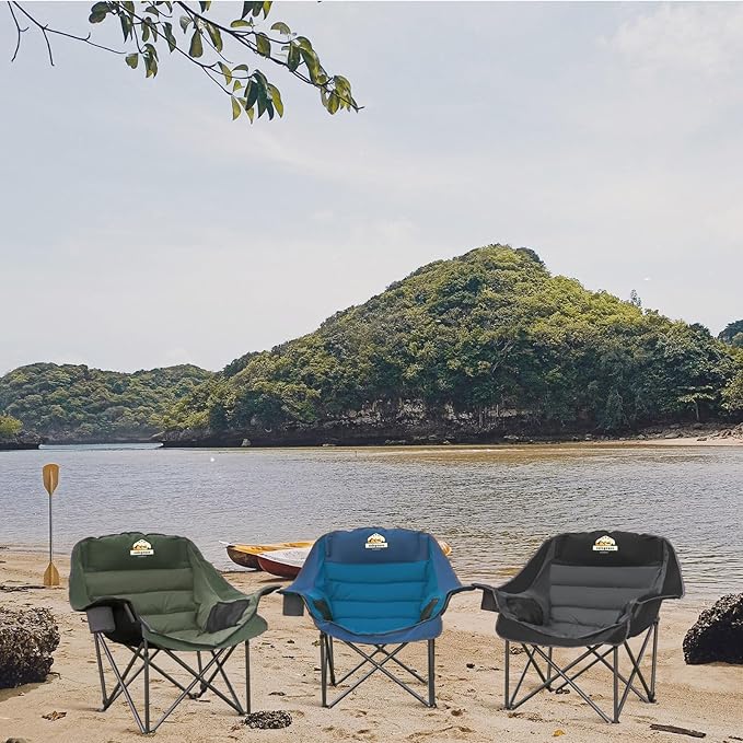 Oversized XL Padded Camping Chair Set of 2 Wide Heavy Duty Lawn Chairs Support 450 LBS Portable Folding Gaint Plus Camp Chair for Outdoor Outside Sports Baseball Soccer-Green