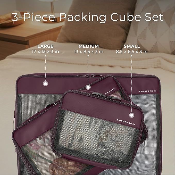 Briggs & Riley Compression Packing Cube Set - Bag Organizer for Check In Suitcase & Luggage, For Women & Men, Pack Accessories for Vacation - 3-Piece, Plum