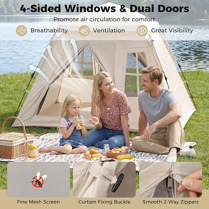 Tangkula 4 Person Camping Tent, Instant Pop-Up Cabin Tent with Removable Rainfly, Mesh Windows & Dual Doors, Carrying Bag, Portable Outdoor Family Shelter for Picnic, Backpacking, Traveling