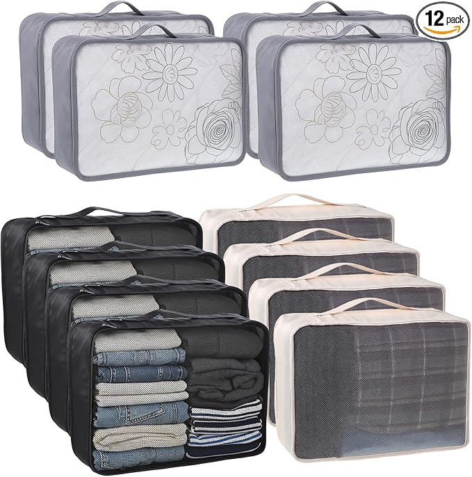 SHENLIU 12 Pcs XL Packing Cube for Travel Luggage Organizer, 17.7 x 12.99 x 4.72 inches Reusable Black Gray Beige Mesh Travel Luggage Bags for Hiking Camping Accessory