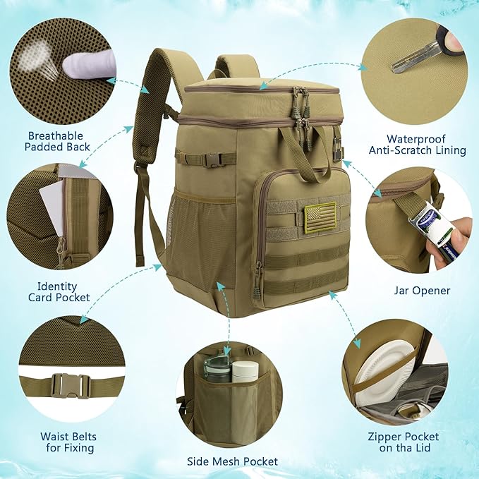 Pyrrhus 43L Cooler Backpack 45/55 Cans Insulated Leak Proof Tactical Backpack,2 Insulated Comaprtments Thermal Bag,Large Lunch Outdoor Backpack for Picnic, Beach, Work,Trip