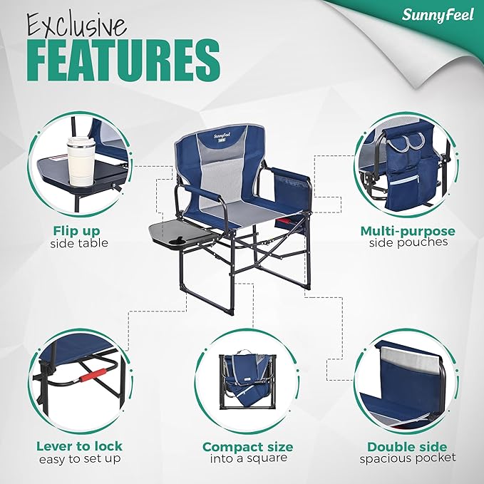 SUNNYFEEL Oversized Camping Directors Chair 2 Pack, Portable Folding Lawn Chairs for Adults Heavy Duty with Side Table,Pocket for Beach, Fishing,Picnic,Concert Outdoor, Foldable Camp Chairs