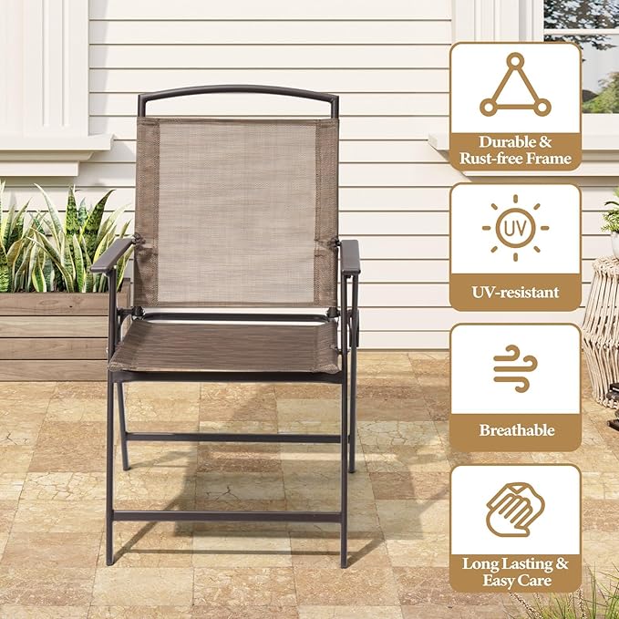Crestlive Products Patio Folding Chairs Set of 6, Outdoor Folding Chairs with Durable Rust-Resistant Frame and Breathable Textilene Material for Outside, Brown