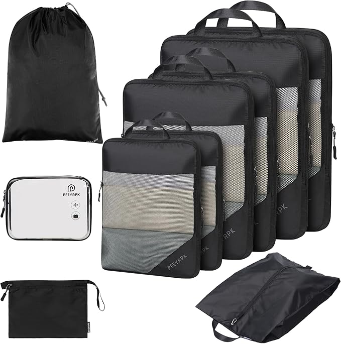 Lightweight Compression Packing Cubes for Suitcases, Compressible Expandable Travel Packing Organizer with Clear Toiletries and Backpack Bag, Travel Essentials for Carry on Luggage 7 Set