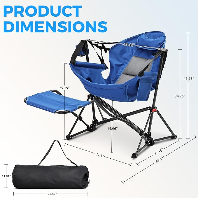 Ainfox Hammock Camping Chair with Footrest, Foldable Portable Rocking Chairs for Adults Outside Swinging Camp with Cup Holder Pillow for Outdoor Patio Poolside (Blue)