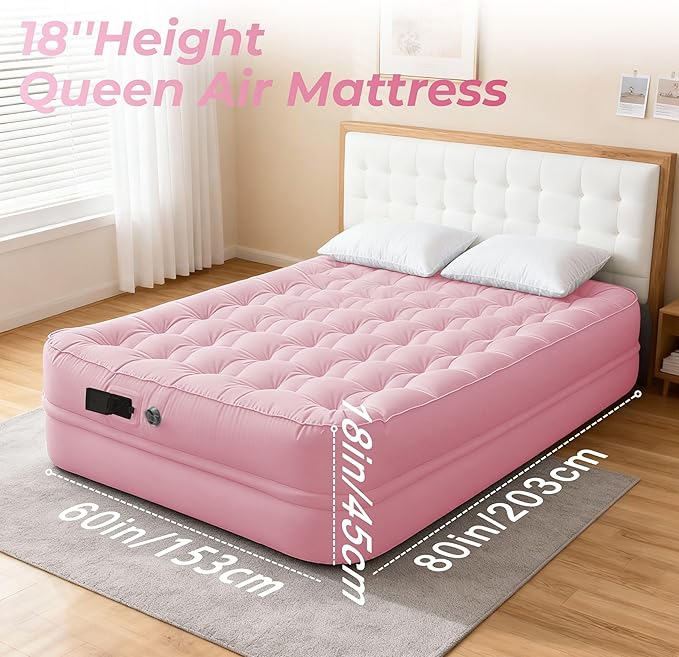 Queen Air Mattress with Built-in Rechargeable Battery Pump, Cooling Pongee Fabric Material, Waterproof & Leakproof Air Mattress Queen, Camping Airbed, (18", Pink)