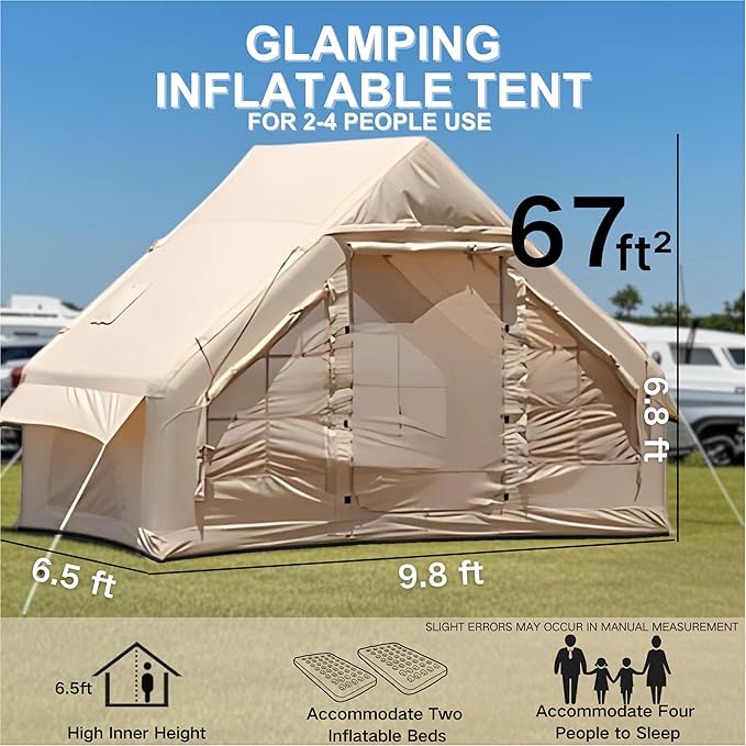 Inflatable Tent, Outdoor Easy Setup Inflatable Tents for Camping, Portable Blow Up Tent with Stove Jack, Cotton Canvas Material for Glamping, for 4 Season, 4/6/8/10 Person Use