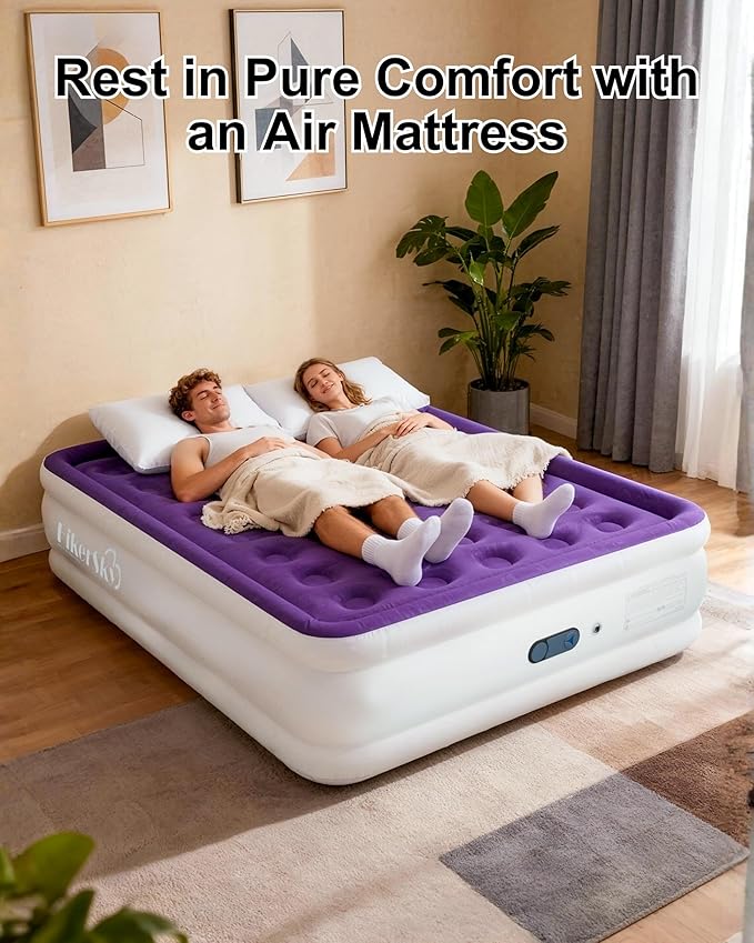 Queen Air Mattress with Built in Pump, Inflatable Mattress for Home, Blow up Air Bed 3 Min Quick Inflation and Deflation, Thin Velvet Top, 18'' Queen Size Purple