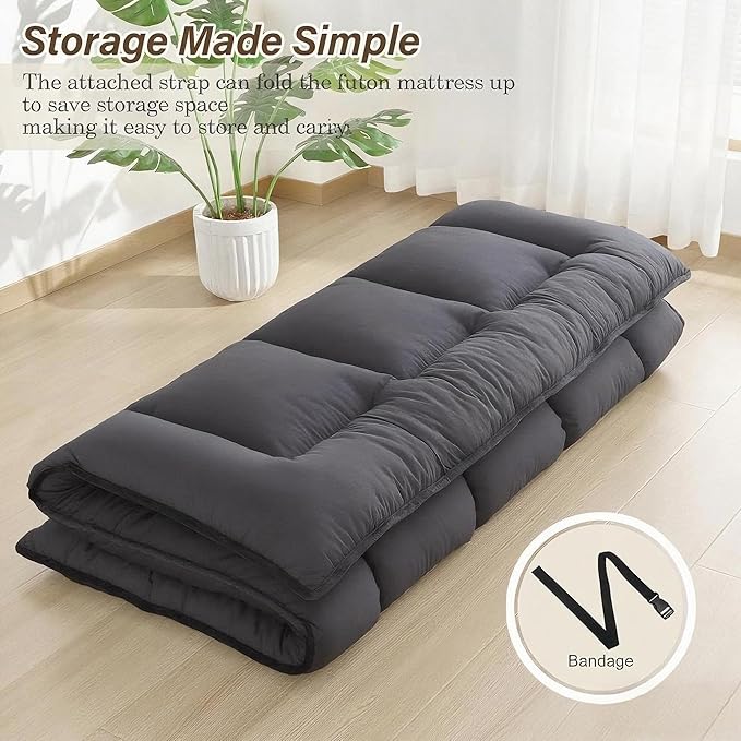 Japanese Floor Mattress Foldable & Portable Roll Up Futon Mattress 3" Grey Tatami Mat for Adult and Kids，Shredded Memory Foam Filled with Straps Sleeping Pad Suitable for Camping，60"x 80" Queen Size