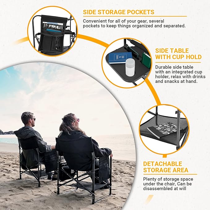 KingCamp Directors Chair with Side Table, Folding Camping Chairs for Adults with Storage Pockets, Breathable for Outside Camping, Lawn, Picnic, Beach & Fishing (Black)