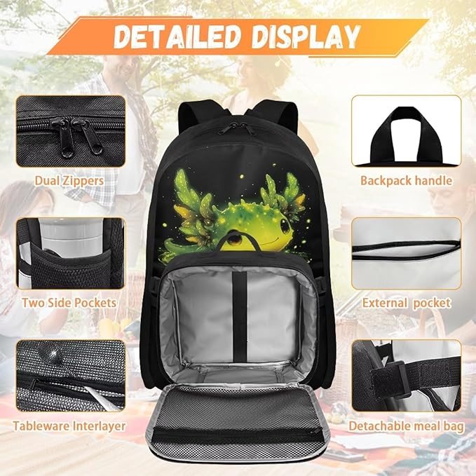 HUGS IDEA Glowing Axolotl Backpack and Lunch Box Set Girls Elementary School Bookbag Cute Backpack for Girls 6-8 Lightweight School Bag for Kids Daypack Children Bookbag