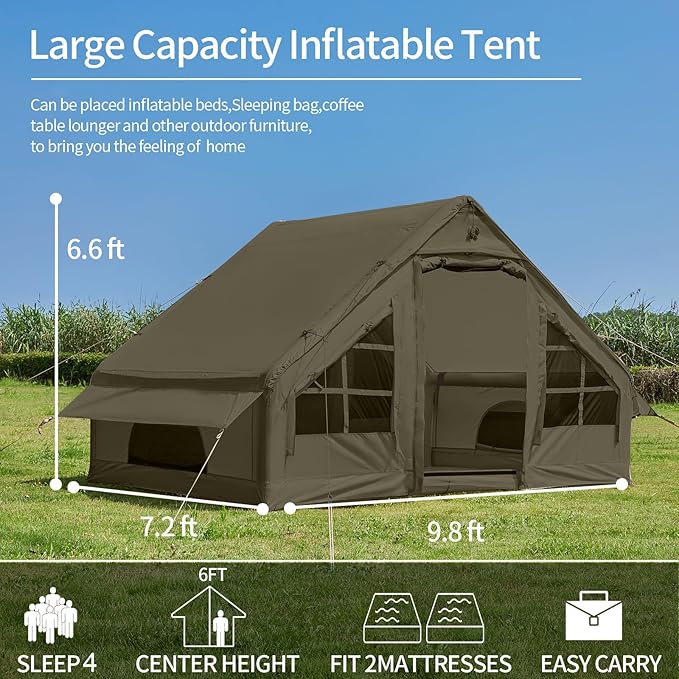 Inflatable Tents for Camping with Stove Jack, 2/4/6/8 Person Easy Setup Blow Up Tents for 4 Seasons Waterproof Inflatable Camping Tent with Awning, Air House Glamping Tents for Camping Adult