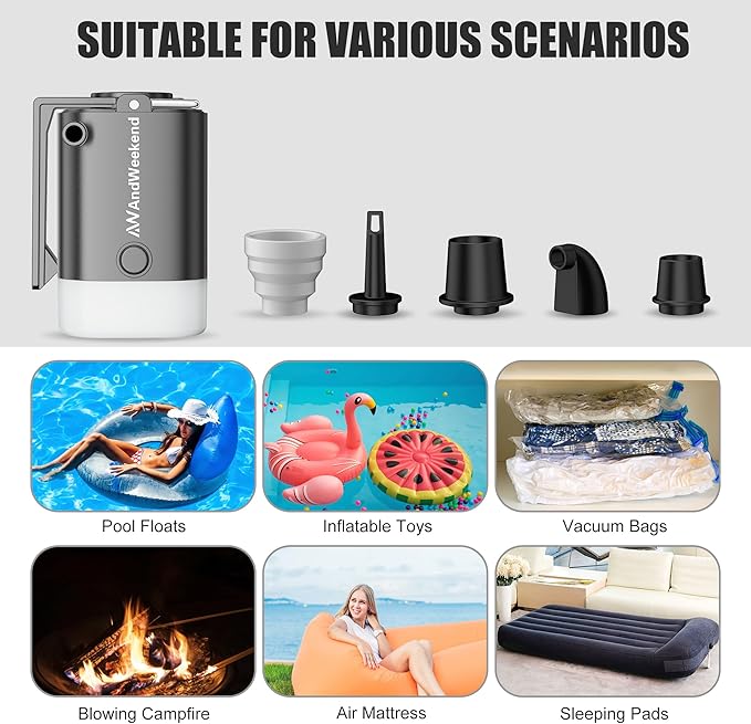 THE WEEKEND Mini Portable Air Pump for Inflatables–Electric Air Mattress Pump for Camping Travel and Home Use with LED Light for Sleeping Pads Pool Floats Vacuum Bags