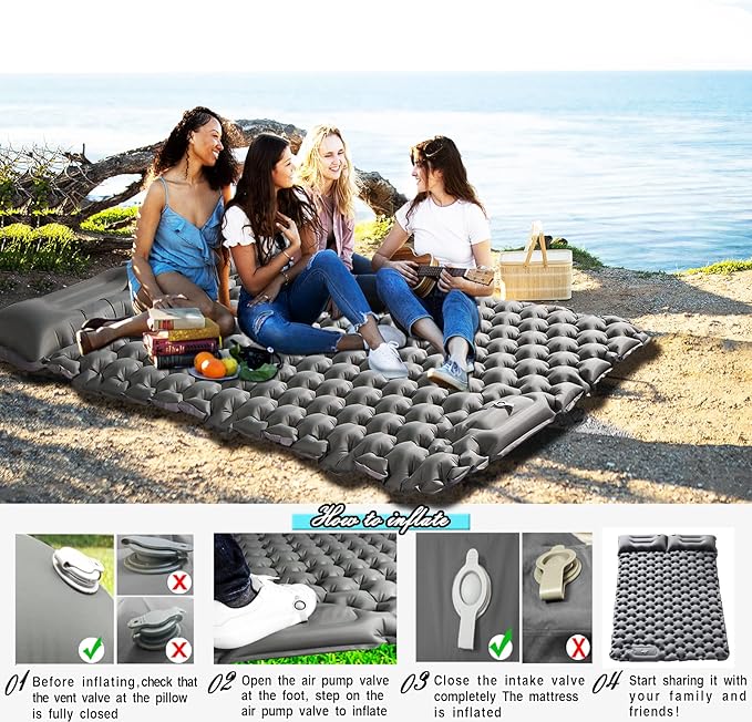 Double Sleeping Pad Camping, Self Inflating 4'' Extra-Thick 2 Person Pillow Built-in Foot Pump Waterproof Inflatable Sleeping Mat Backpacking, Tent, Hiking, Portable Camping Pad (Grey-Full)