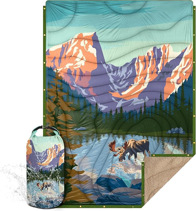 Outdoor Camping Blanket with Sherpa Lining, Extra Warm Thick Camp Blankets and Puffy Ultralight Soft Poncho DWR Camping Quilt for Cold Weather, Adventure, Sleeping, Backpacking 78"x 56"