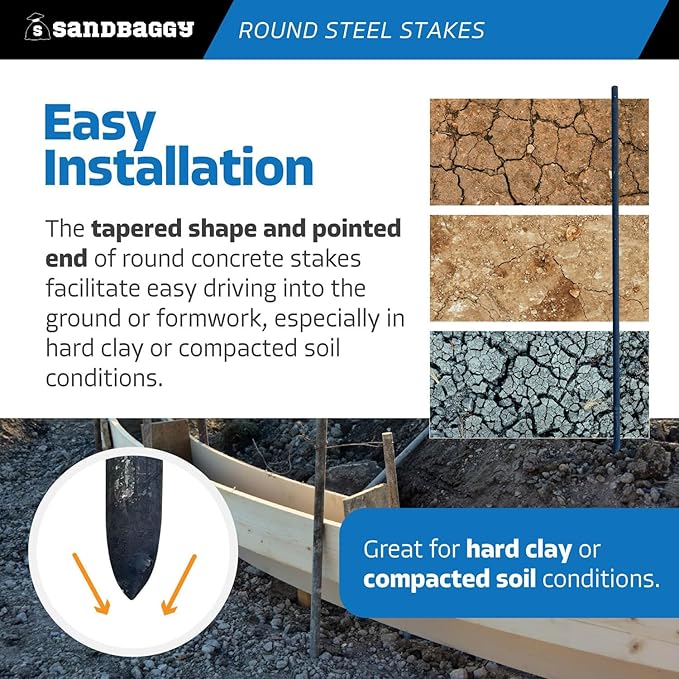 Sandbaggy Round Steel Concrete Form Stakes with Nail Holes - Rust Resistant Coating - Removable, Reusable (1, 3/4 in X 60 in)