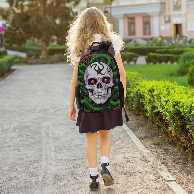 Men Women Polyester Medusa Skull Green Snake Art Daypack Big Capacity Shoulder Bag With Smooth Zippers for Hiking Work Walking Cycling