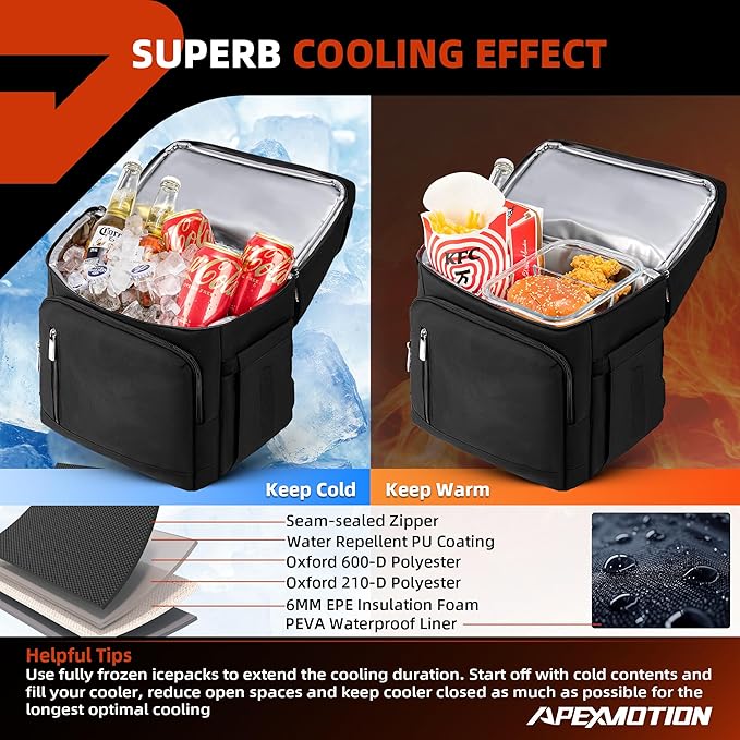COOLJOB Insulated Cooler Backpack for Men Women, Leakproof Lunch Bag with Waterproof Liner, Double Roomy Deck, RFID, Black