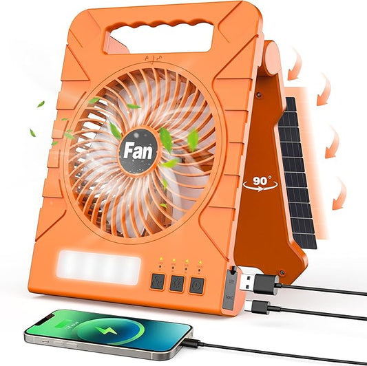 Portable Solar Camping Fan, 4000mAh Rechargeable Battery Fan with LED Lantern, 4 Speeds & Timers, Quiet Fan for Outdoor, Tent, Fishing, Chicken Coop, Emergency, Worksite