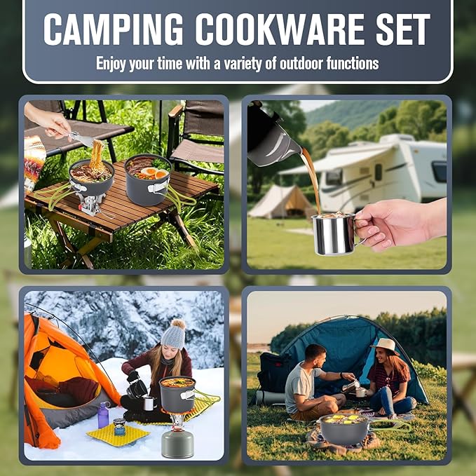 Camping Cookware Set, 16pcs Lightweight Backpacking Mess Kit with Camping Pots and Pans, 2 Cups, Fork Spoon, Survival Cooking Kit for Outdoor Hiking and Picnic