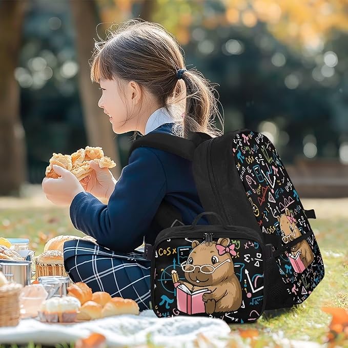 HUGS IDEA Math Capybara Backpack with Lunchbox School Bookbag with Lunch Tote for Kids Large Capacity Elementary School Bag 17 Inch Book Bag for Girls Polyester Children Back Pack
