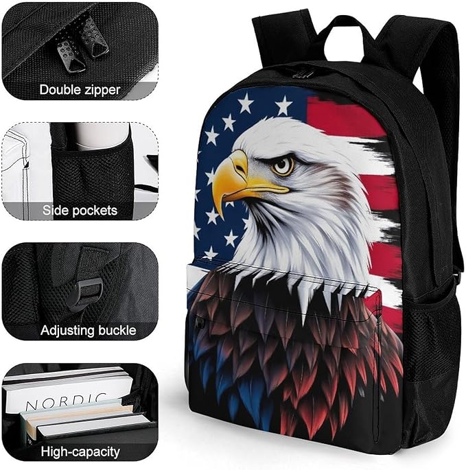 Supdreamc Lightweight Rucksack for Sports Travel Running, Big Capacity Multipurpose Anti-Theft Bookbag, Bald Eagle American Flag Travel and Sport Backpack Rucksack