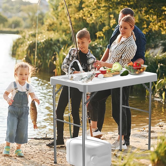 Fish Cleaning Table with Sink, 42.5" Folding Camping Table & Fish Cleaning Station with Measure Mark, Camping Sink with Hose Hookup for Outdoor Picnic, Beach, Dock & Patio Use