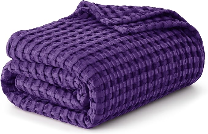 Bedsure Cooling Cotton Waffle Queen Size Blanket - Lightweight Breathable Blanket of Rayon Derived from Bamboo for Hot Sleepers, Luxury Throws for Bed, Couch and Sofa, Purple, 90x90 Inches