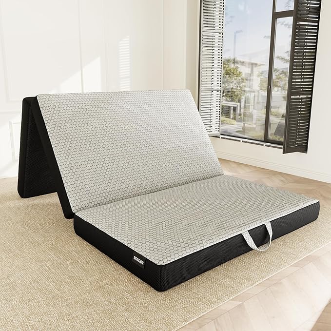 Memory Foam Trifold Mattress, Twin Portable Floor Bed 4 Inch, Foldable Mat with Washable Cover, Handle & Non-Slip Bottom, for RV, Travel, Camping, Yoga, 75"x38"x4", Grey