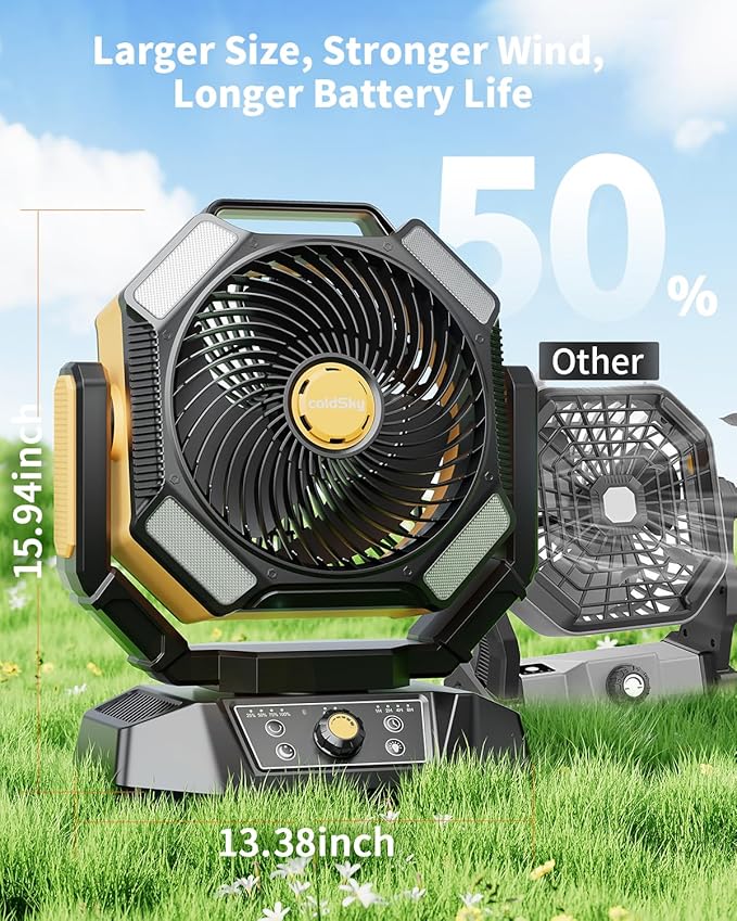 coldSky 𝟰𝟬𝟬𝟬𝟬𝗺𝗔𝗵 Camping Fan, Battery Operated with 4 LED Light, 8 Speeds DeskFan with Remote, Portable Rechargeable Outdoor Fan with Hook for Tent, Power Outages Yellow