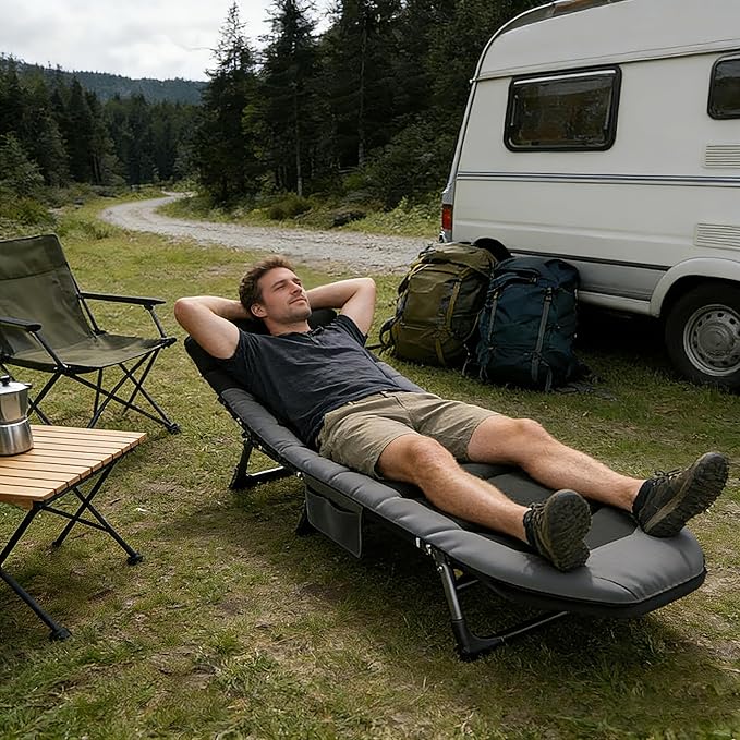 Portable Cot for Camping Adult, Folding Camping Cot with Thick Mattress, Pillow, Adjustable Cots for Sleeping with Pad, 26" Wide, Outdoor Lounge Chair for Home Office Nap Beach Travel Hiking (Brown)