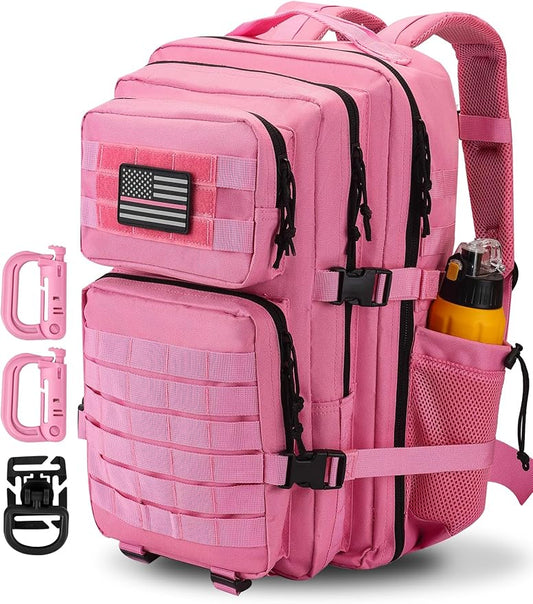 45L MOLLE Assault Backpack, Tactical Backpack Military Army Camping Rucksack with Bottle Holder, 3-Day Pack Trip w/USA Flag Patch, D-Rings, Pink