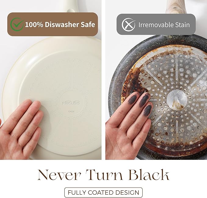 PRICUSIS Nonstick Ceramic Frying Pan with Lid, 8/10 Inch Skillet with Stay Cool Handle, Fully Coated, 100% Dishwasher Safe, Oven Safe, PTFE PFAS & PFOA Free (8 Inch, Coconut White