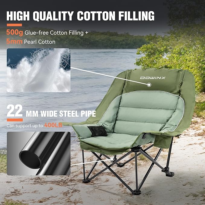 Dowinx Oversized Camping Chair for Adults - Extra Large, Folding Lawn Chair with Cup Holder, 3-Level Adjustable, 400 lbs Capacity, Green