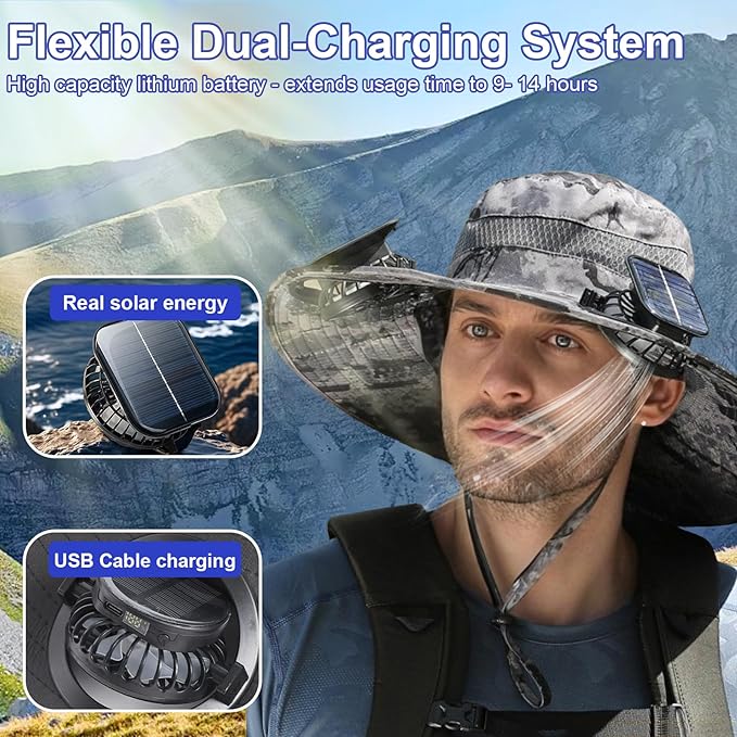 Outdoor Wide Brim Sun Hat with 2 Solar Powered Fan, Bucket Hat for Men Women, Fishing, Gardening & Beach Hat for Men