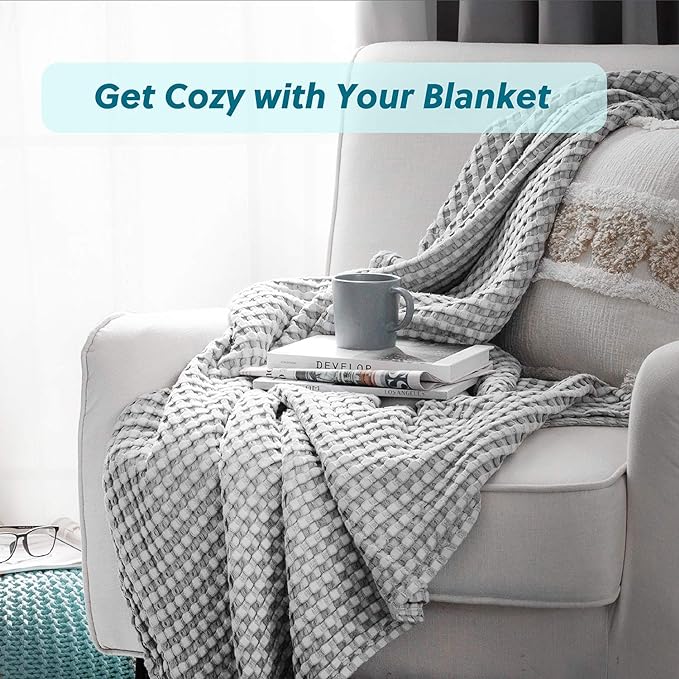 Bedsure Cooling Cotton Waffle Queen Size Blanket - Lightweight Breathable Summer Blanket of Rayon Derived from Bamboo for Hot Sleepers, Luxury Throws for Bed, Couch and Sofa, Grey, 90x90 Inches