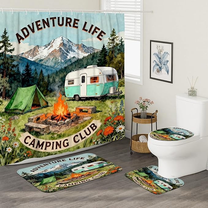 Mountain Shower Curtain Sets, Outdoor Adventure Tent Campfire Summer Green Polyester Waterproof Bathroom Sets with Shower Curtain and Rugs Decorative for Toile Guest Room 72x72 Inch