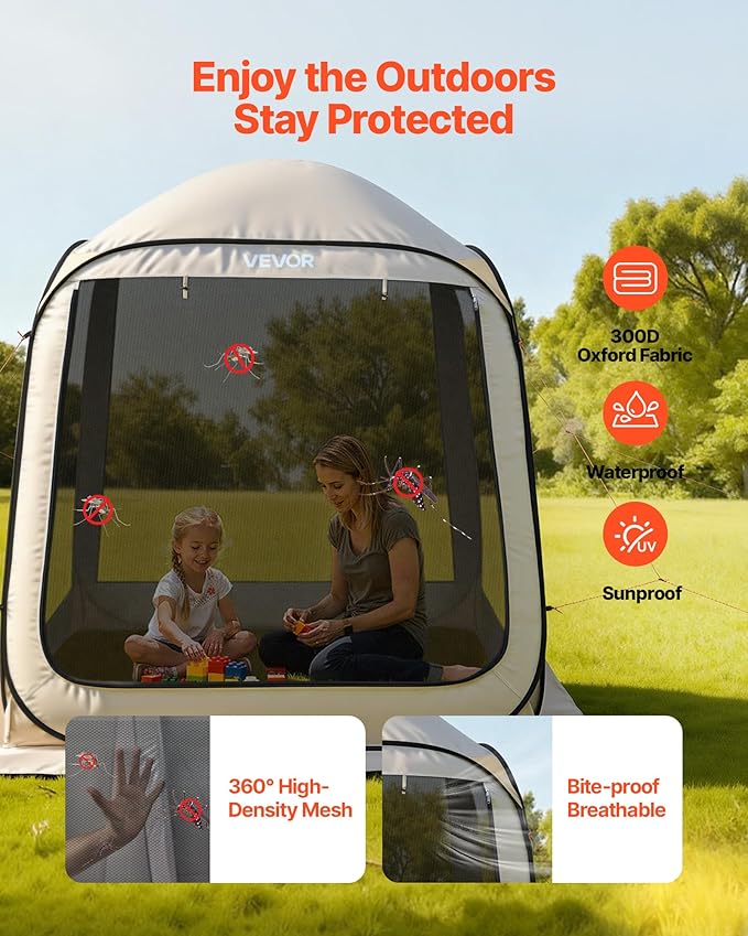 Screen House Tent VEVOR 6x6FT Pop-Up Screen Tent for 4–6 Person, Portable Screen Room Gazebo with Netting, Carry Bag & Ground Stakes, Instant Screen Canopy for Patio Backyard Garden Camping