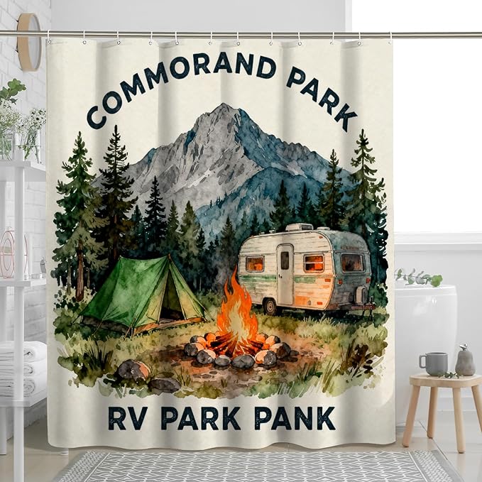 Mountain Extra Wide Shower Curtain, Outdoor Adventure Tent Campfire Summer Green Waterproof Fabric Decorative Bathroom Curtain for Bathroom Toile Guest Room Decor 108x72 Inch