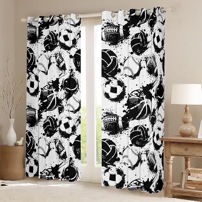 Black White Ball Blackout Curtains Basketball Soccer Football Baseball Window Drapes,Sports Theme Window Treatments,Kids Boys Girls Room Decor,Grommet Top 2 Panel Set Bedroom Curtains, 42Wx63L inch