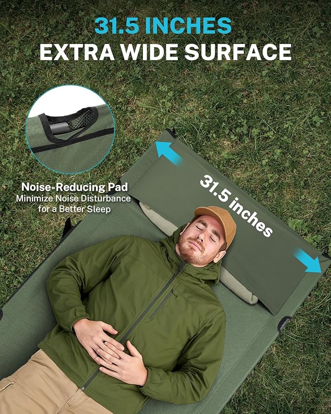 Gonex 31.5" Extra Wide Camping Cot with Leg Extenders 2 in 1 Portable Folding Cot for Adults Height Adjustable Supports 350lbs Sleeping Bed for Backpacking Travel Beach Home (Army Green)
