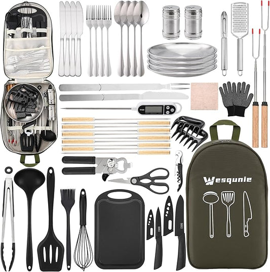 Camping Essentials Cookware Cooking Utensils Set - Portable Camp Kitchen Mess Kit Outdoor Accessories, Stainless Steel & Silicone, Camping Gear Equipment for RV Picnic Grill