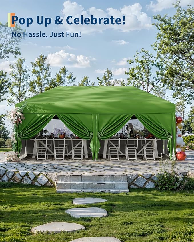 10x20 Pop Up Canopy Tent Outdoor Canopy with 6 Removable Sidewalls One-Person Set Up Heavy Duty Commercial Instant Tent Shelter-Green