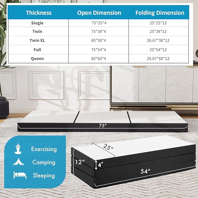 Folding Mattress, 4 inch Tri-Fold Memory Foam Mattress Topper for Camping, Foldable Guest Bed, Portable Travel Mat with Washable Cover, 75"×54"×4", White