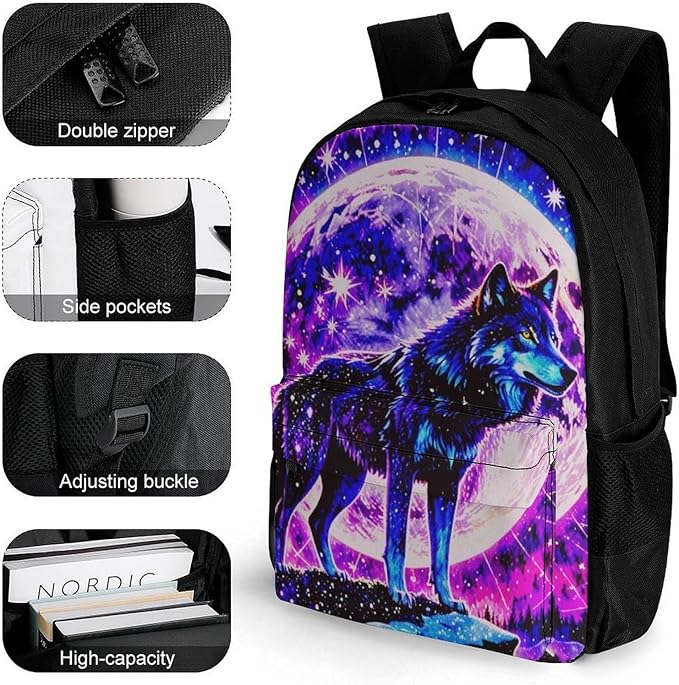 Supdreamc Backpack Anti-Theft Multipurpose Large Capacity Carry On Bag, Neon Sky Moon Wolf Camping Outdoor Backpack With Side Pockets