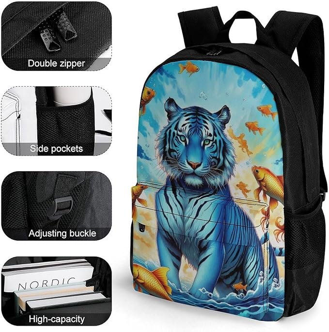 Daypack Backpack Anti-Theft Multipurpose Big Capacity Bookbag, Trippy Tiger Goldfish Business Computer Bag With Side Pockets
