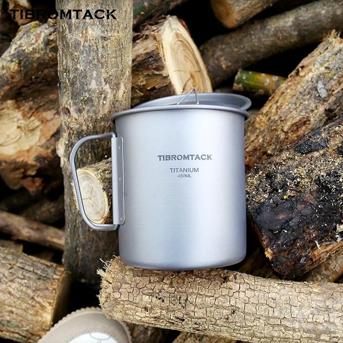 TIBROMTACK Camping Cup with Lid Pure Titanium Coffee Mug Ultralight 450ml Outdoor Small Camping Pot with Foldable Handle for Backpacking Hiking Travel and Daily Use with Mesh Bag