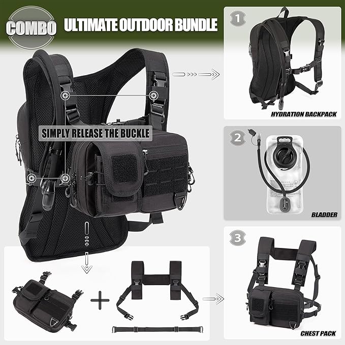 2-in-1 Convertible Chest Pack and Hydration Backpack with 2.5L Bladder, Hydration Vest for Women Men Outdoor Hiking Gravel Cycling Mountain Biking Running
