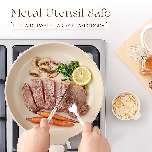 PRICUSIS Nonstick Ceramic Frying Pan, 8/10 Inch Skillet with Stay Cool Handle, Fully Coated, Induction Compatible & Oven Safe, 100% Dishwasher Safe, PTFE PFAS & PFOA Free（8 Inch, Coconut White）